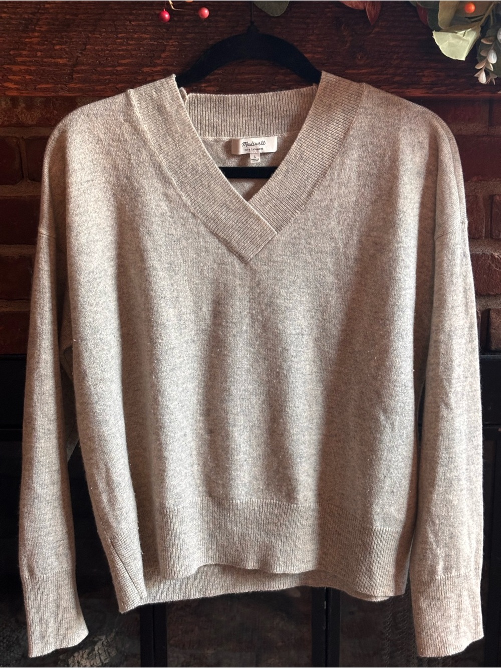 Madewell 100% Cashmere V-Neck Sweater Heather Oatmeal / Light Gray Size L